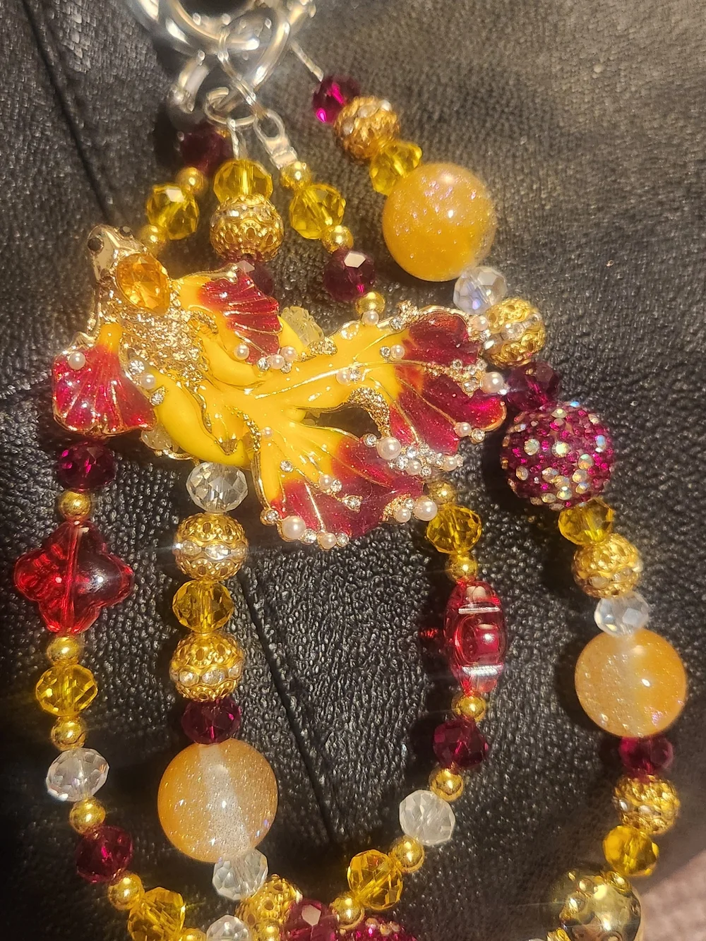 Yellow and Burgundy Beaded Koi Fish Charm